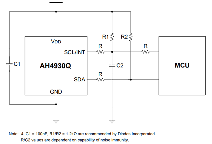 应用电路图 - Diodes Incorporated AH4930Q汽车3D磁性线性霍尔传感器